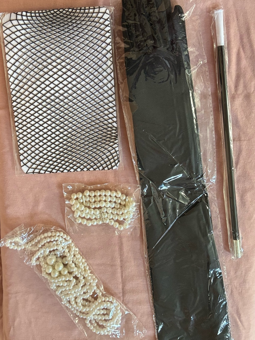 Black Opera Gloves with faux Pearl Necklace and Holder Set-Costume Set 5pc